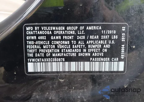 2014 Volkswagen Passat 2.0L Tdi Sel Premium z USA, uszkodzony, nr VIN 1VWCN7A3XEC050875